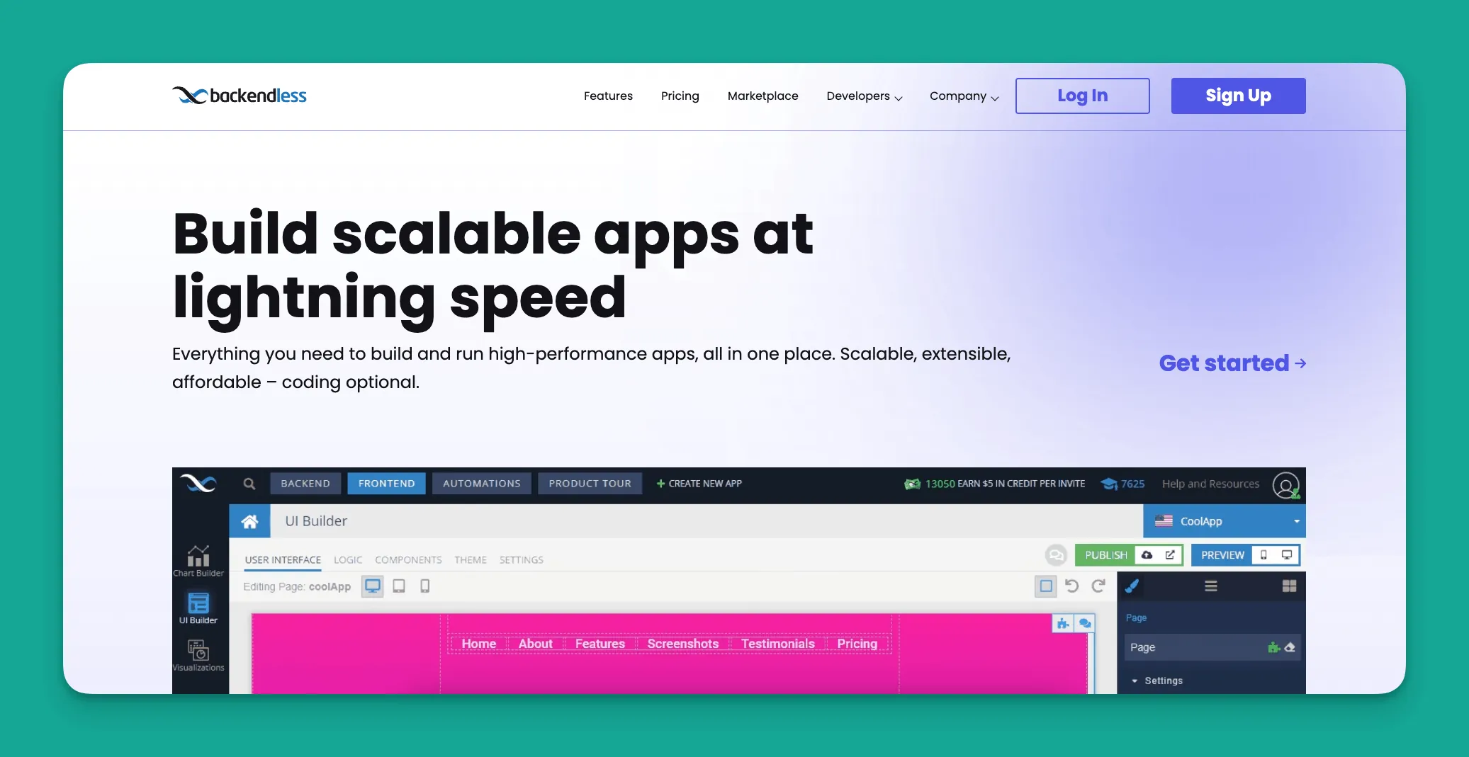 Interfaz de la plataforma Backendless