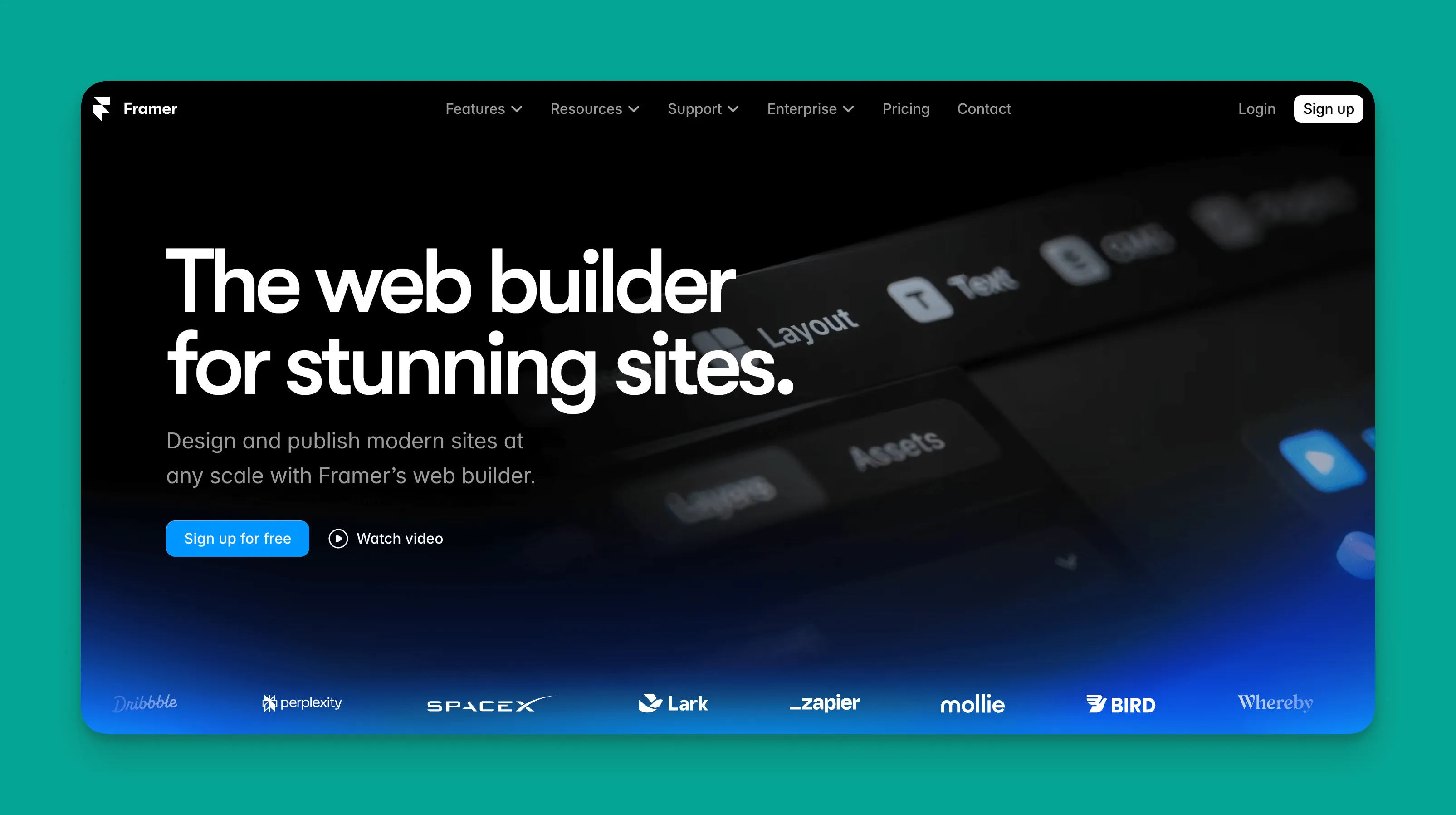 Interfaz del constructor de sitios web Framer