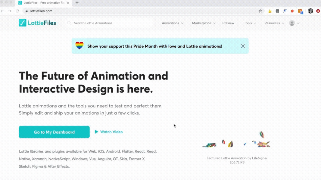 Bibliothèque LottieFiles montrant des animations gratuites pour le design d'applications mobiles