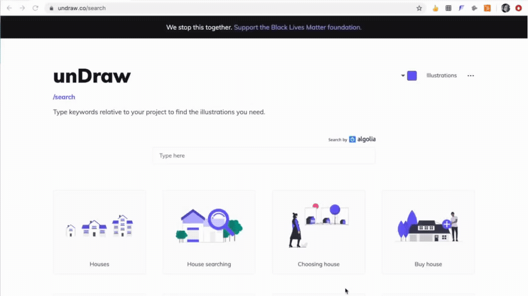 Démonstration de personnalisation des illustrations UnDraw montrant le changement instantané de couleur de marque