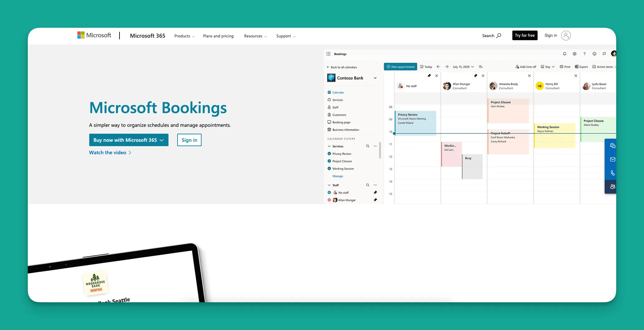 Interface Microsoft Bookings