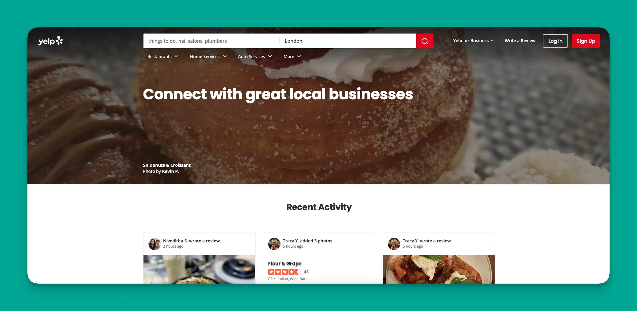 Interfaz de perfil de restaurante Yelp