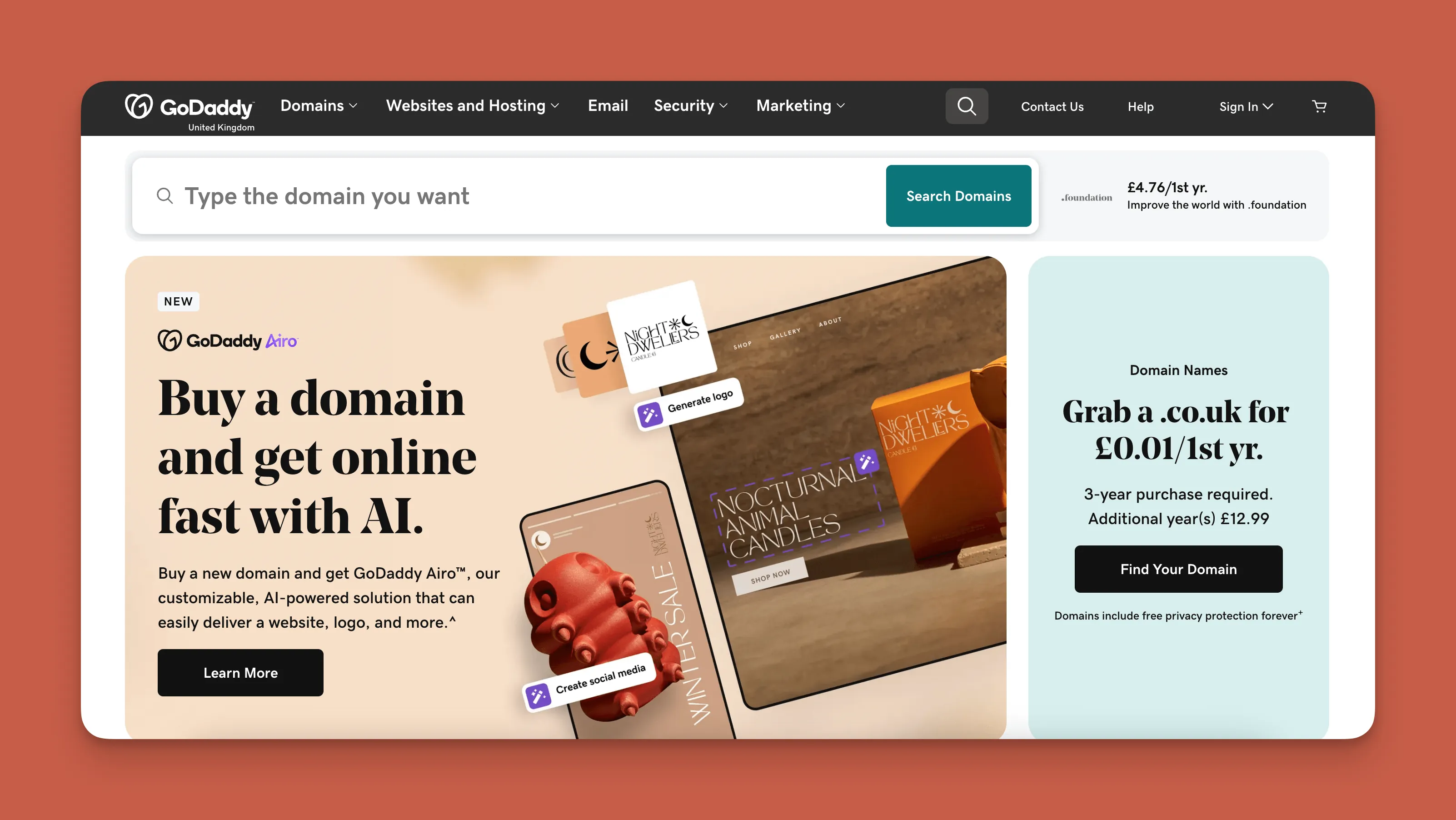 Interfaz del constructor de sitios web GoDaddy