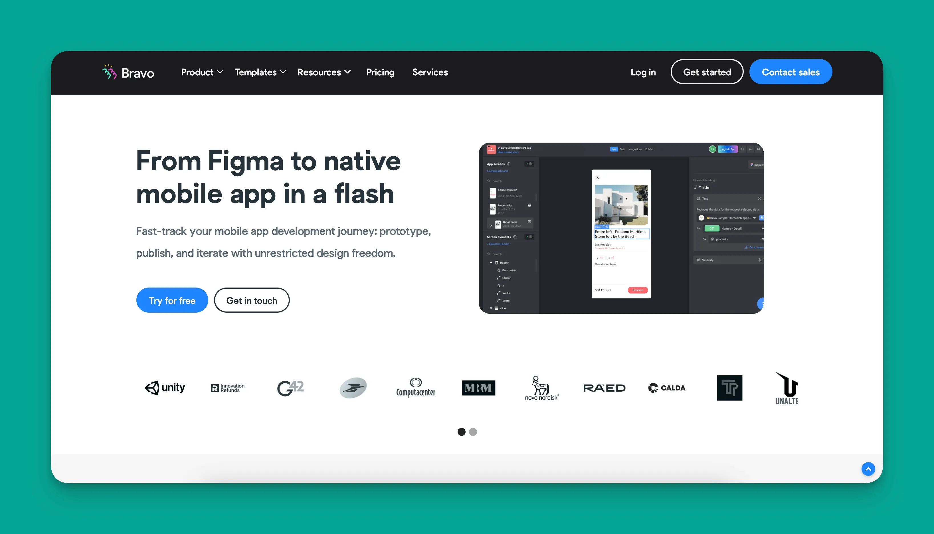 Interfaz de Bravo Studio mostrando constructor de aplicación nativa de Figma a nativo