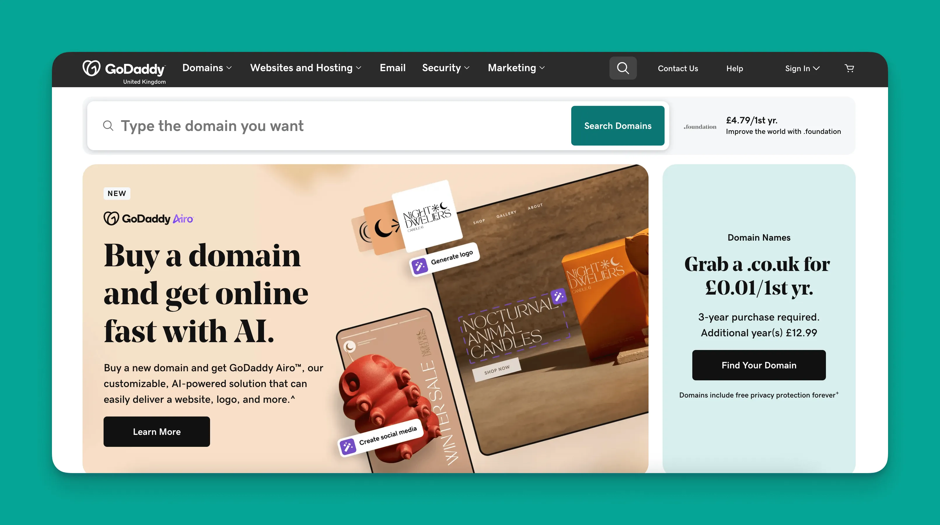 Interfaz del constructor de sitios web GoDaddy