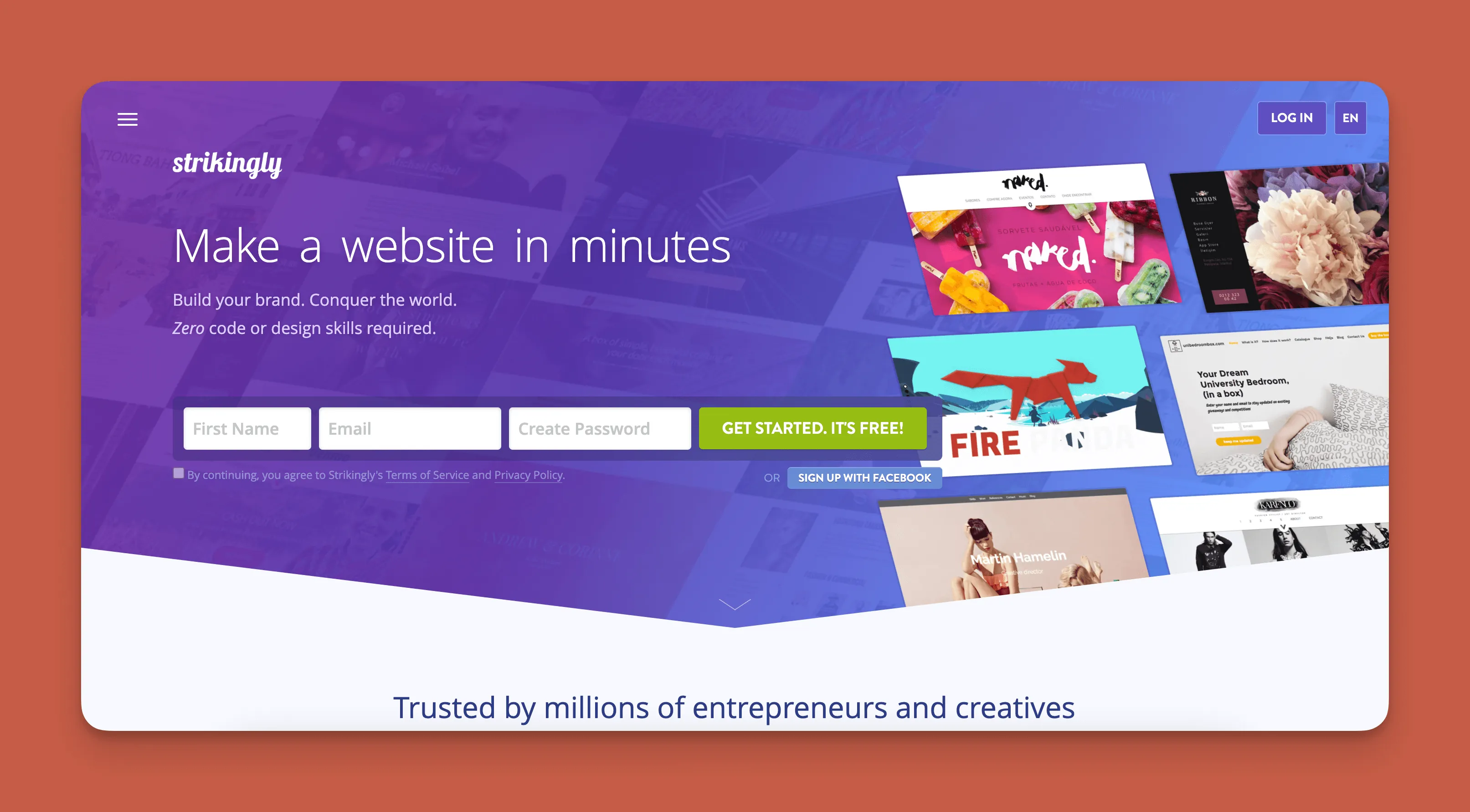 Interfaz del constructor de sitios web Strikingly