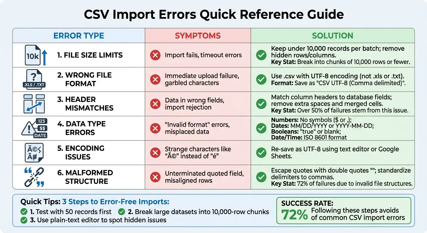Erreurs courantes lors de l'importation de CSV et comment les corriger - Guide de référence rapide