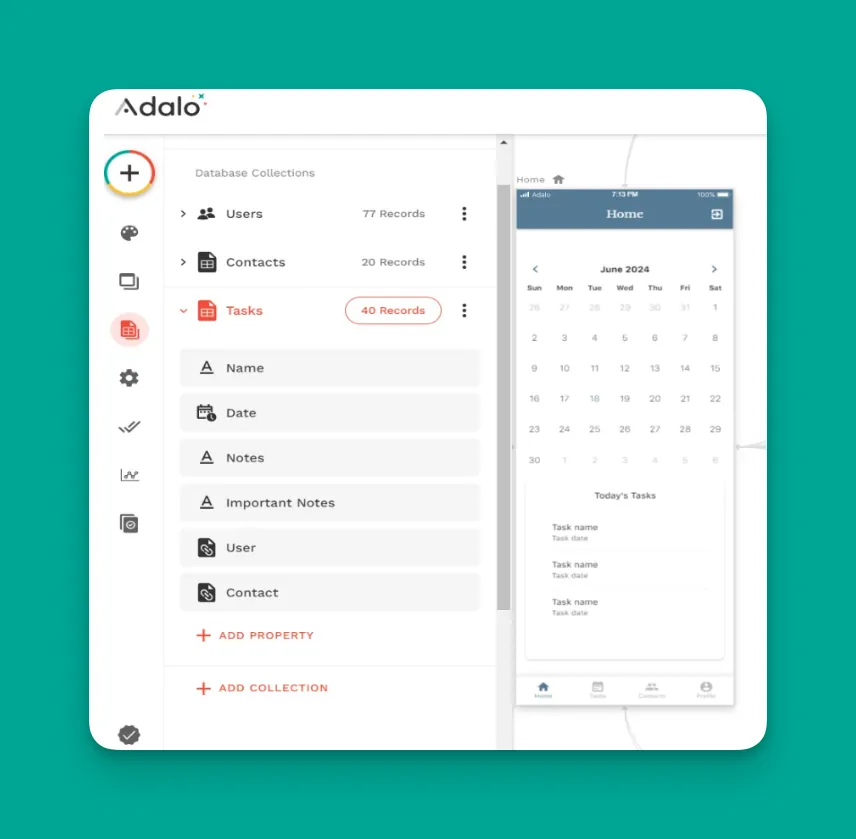 Interfaz de colecciones y propiedades de base de datos de Adalo