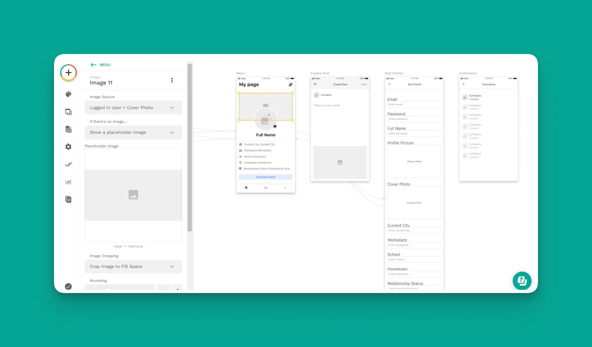 Captura de pantalla de plantilla de clon de Facebook de Adalo