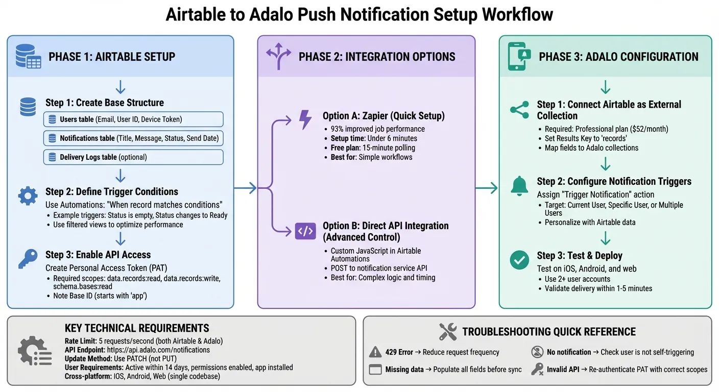 Flux de travail de configuration des notifications push Airtable vers Adalo
