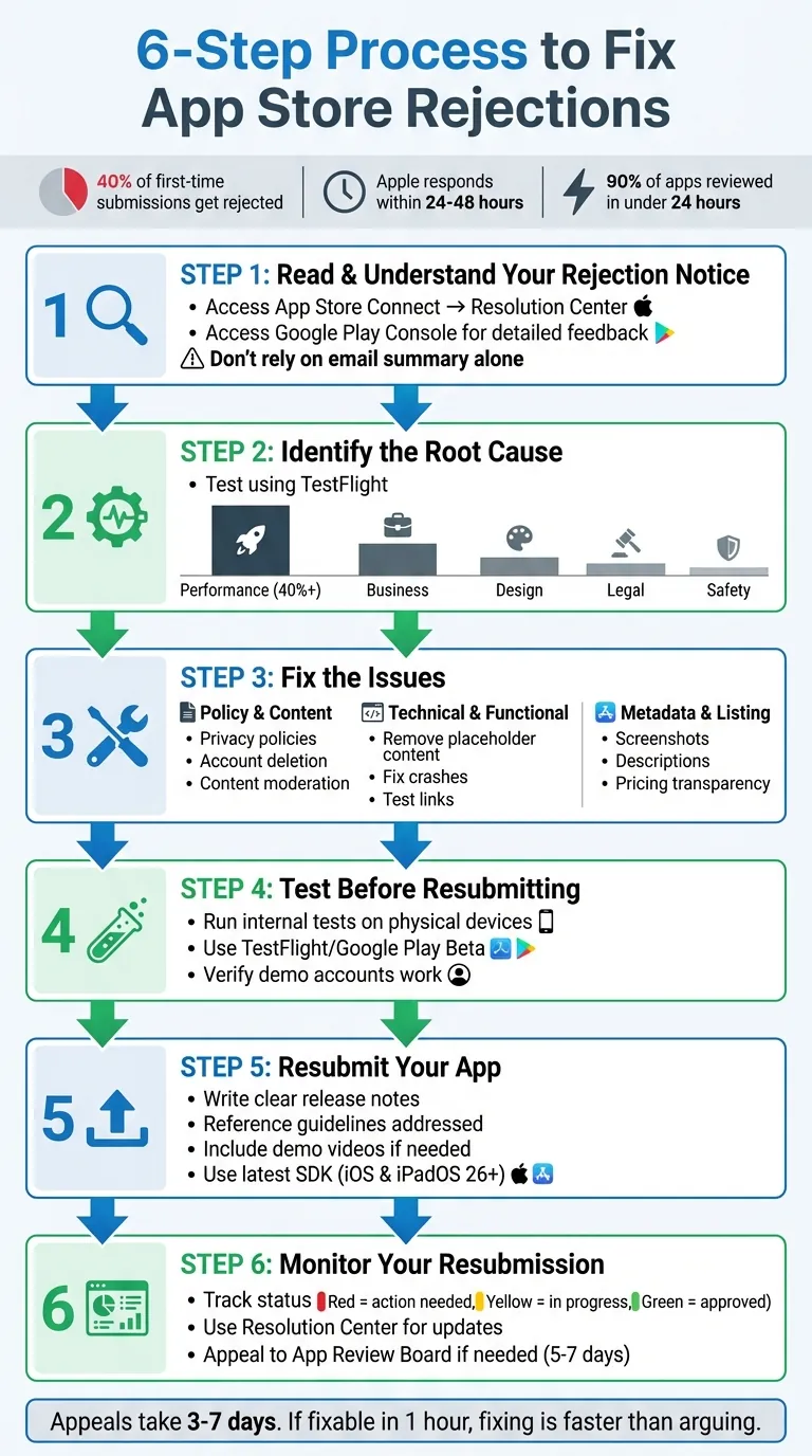 Processus en 6 étapes pour corriger les rejets de l'App Store