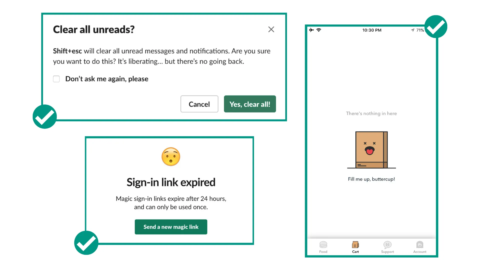 Ejemplos de copia UX en diseño de aplicaciones móviles