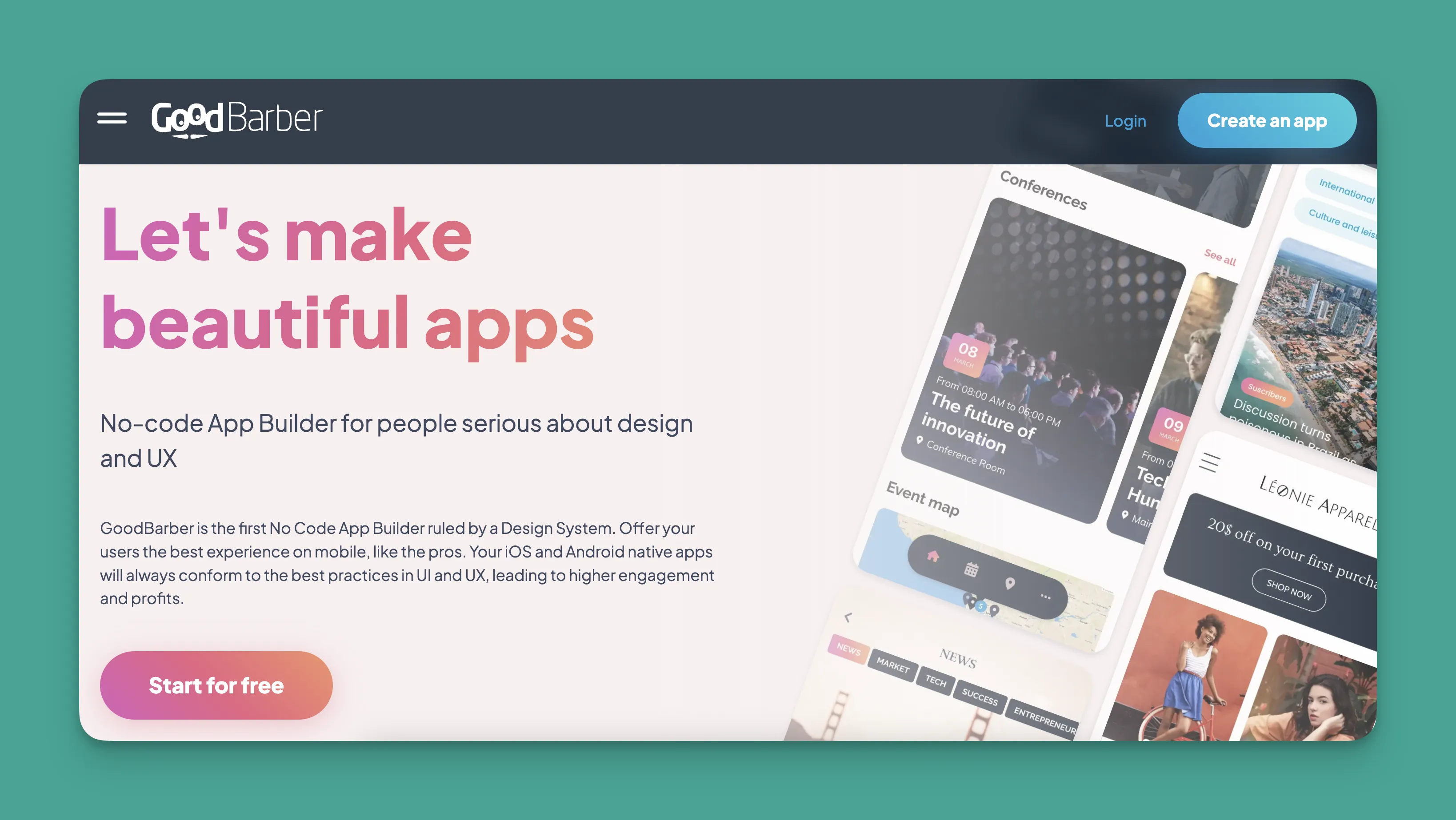 Interfaz del constructor de aplicaciones GoodBarber