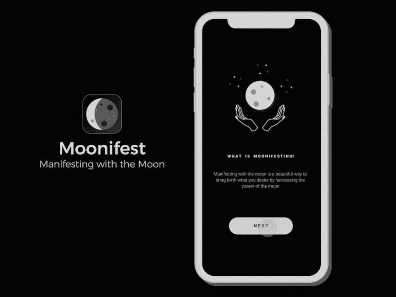 Demostración animada de la aplicación Moonifest de bienestar de fases lunares por Samantha Shaibani