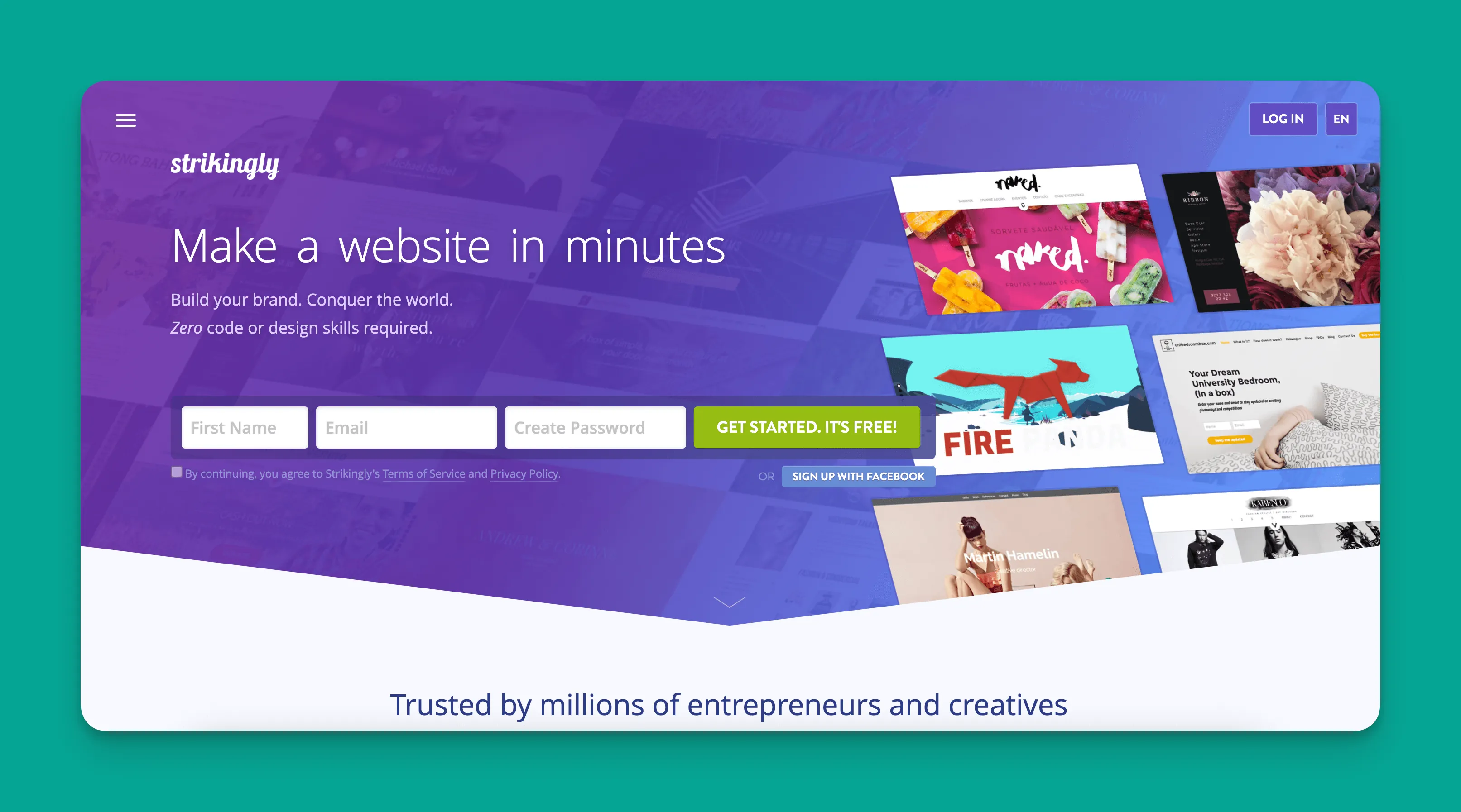 Interfaz del constructor de sitios web Strikingly