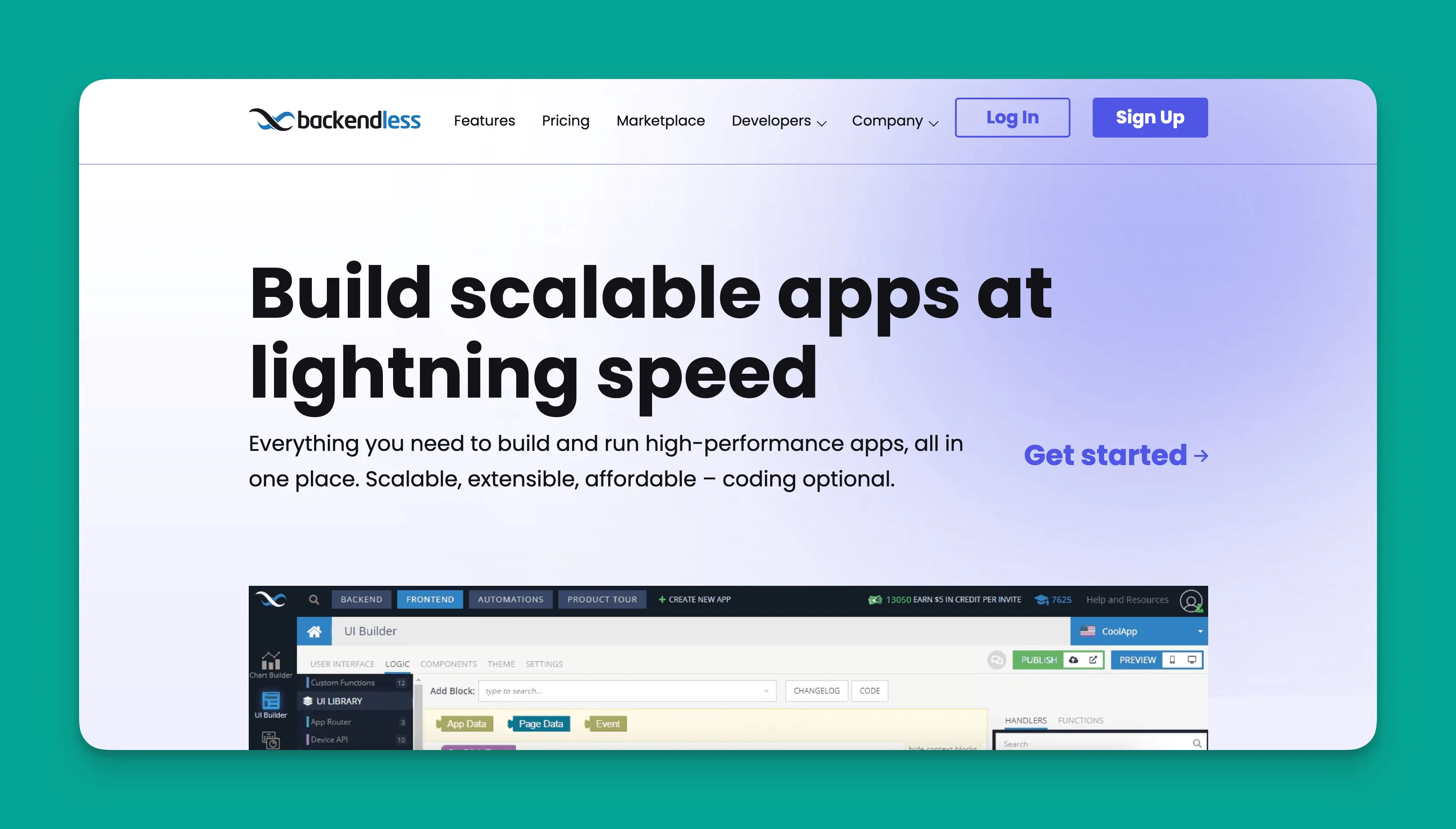 Interfaz del constructor visual backend de Backendless mostrando editor de lógica sin código