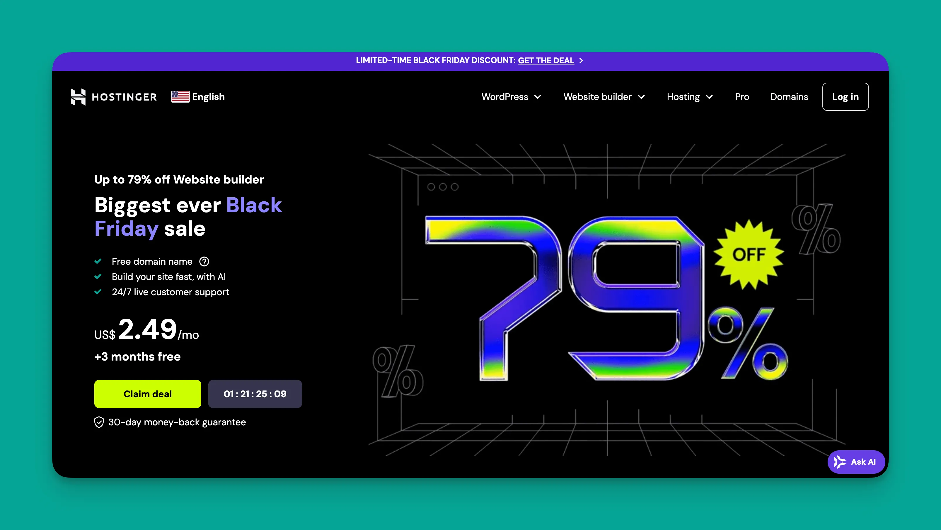 Interfaz del constructor de sitios web Hostinger