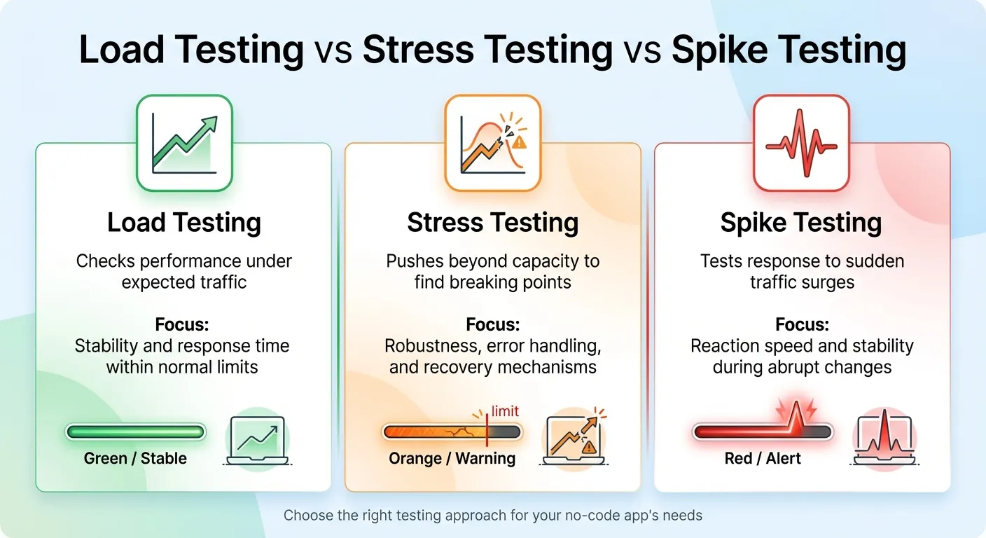 Comparison of Load Testing vs Stress Testing vs Spike Testing for No-Code Apps