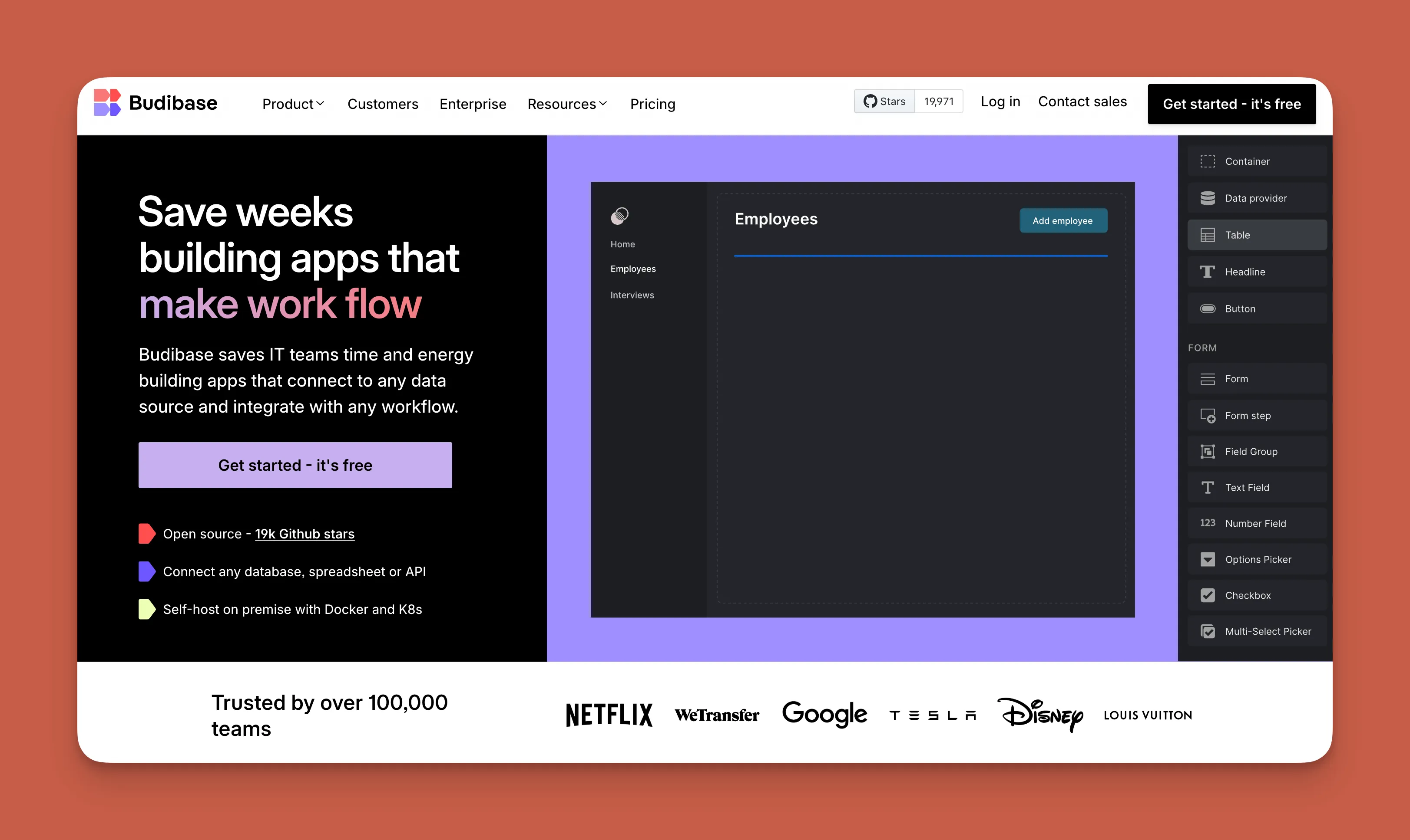 Interfaz del constructor de aplicaciones web de código abierto Budibase