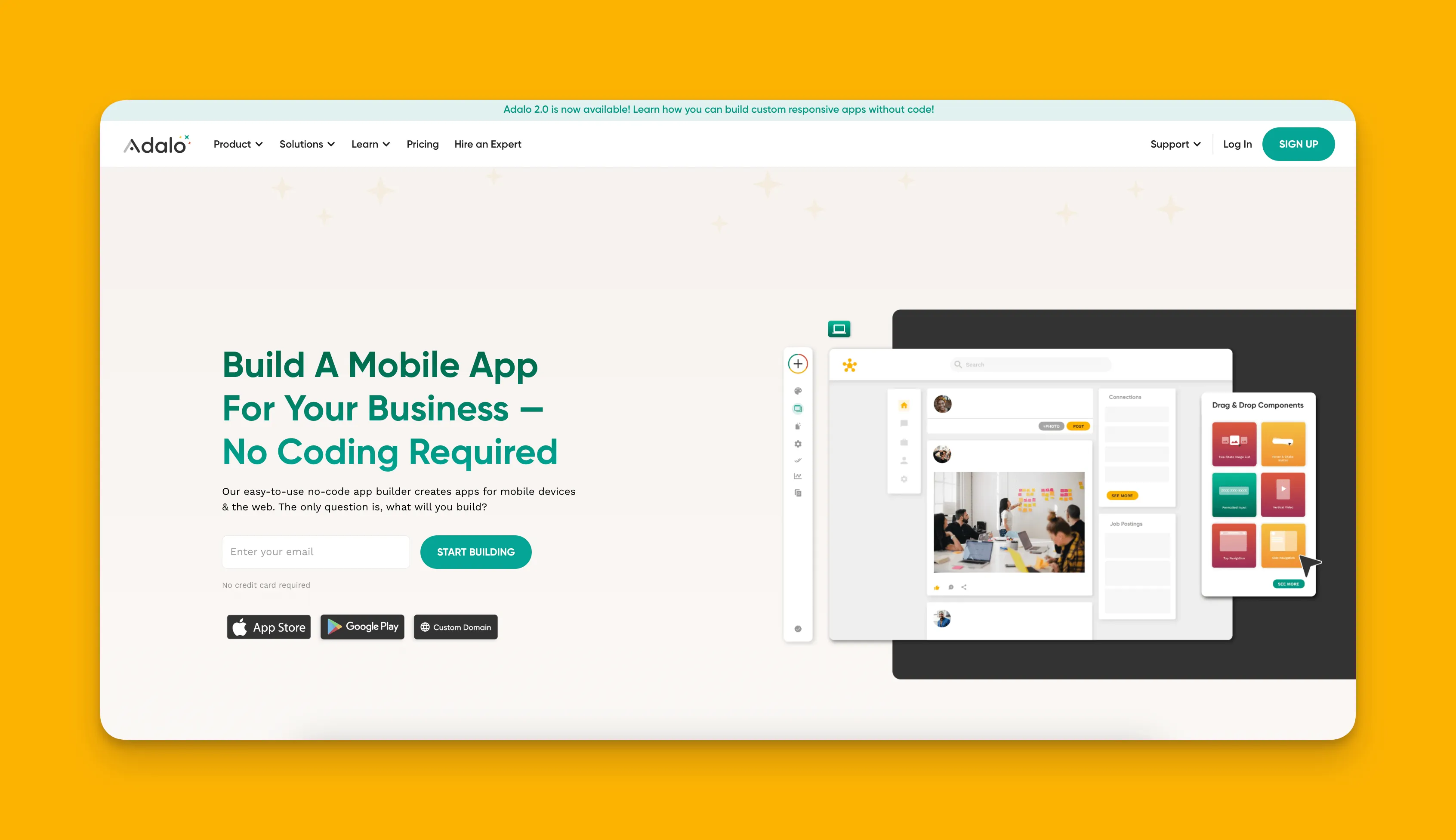 Interfaz del constructor de aplicaciones Adalo mostrando capacidades de diseño de arrastrar y soltar