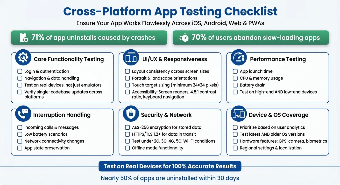 Lista de verificación de pruebas de aplicaciones multiplataforma: 6 categorías esenciales de pruebas