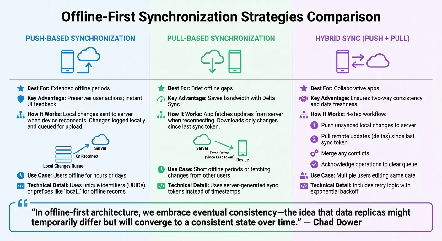 Estrategias de Sincronización Push vs Pull vs Híbrida para Aplicaciones Sin Conexión Primero