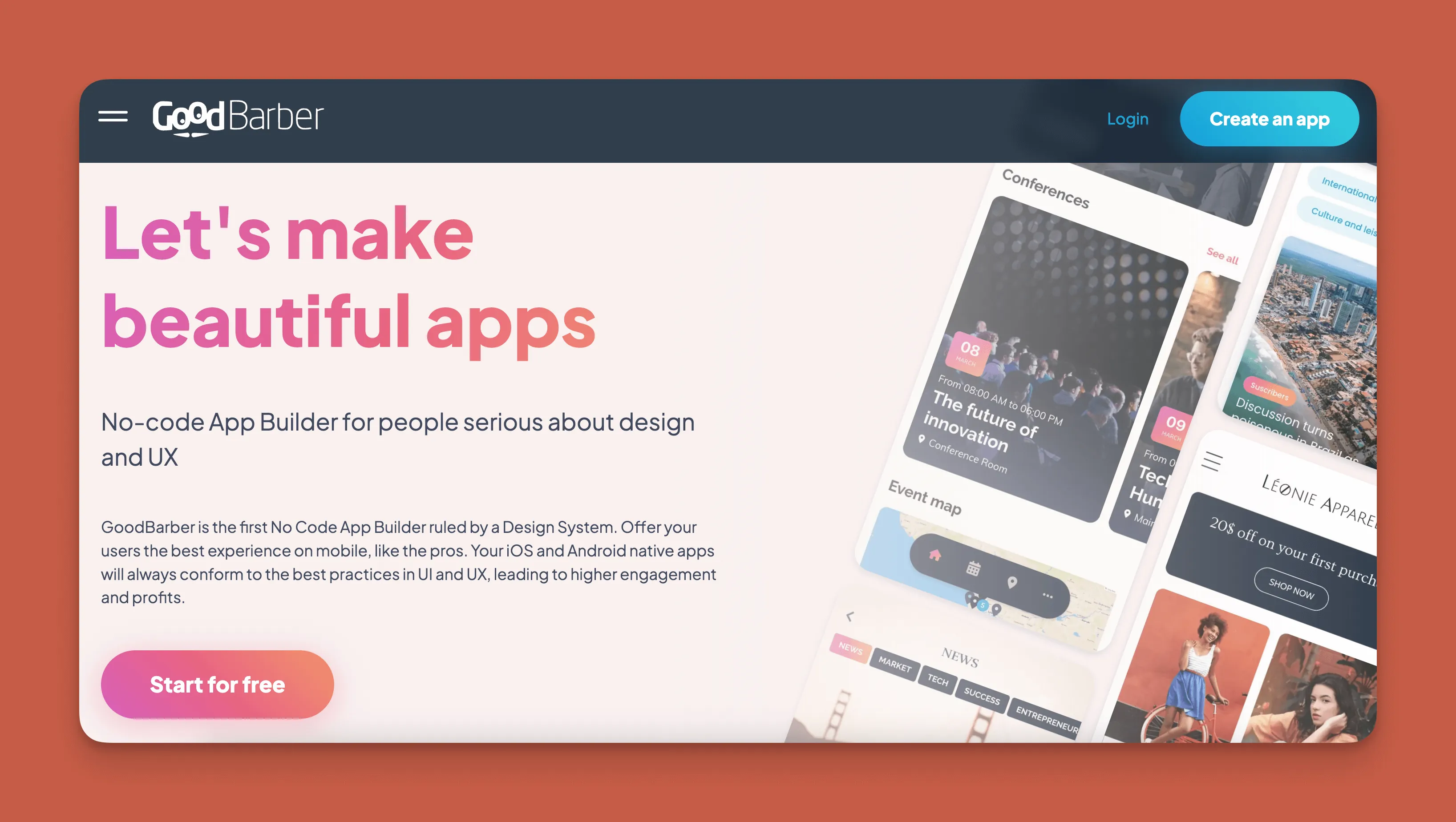 Interfaz del constructor de aplicaciones GoodBarber