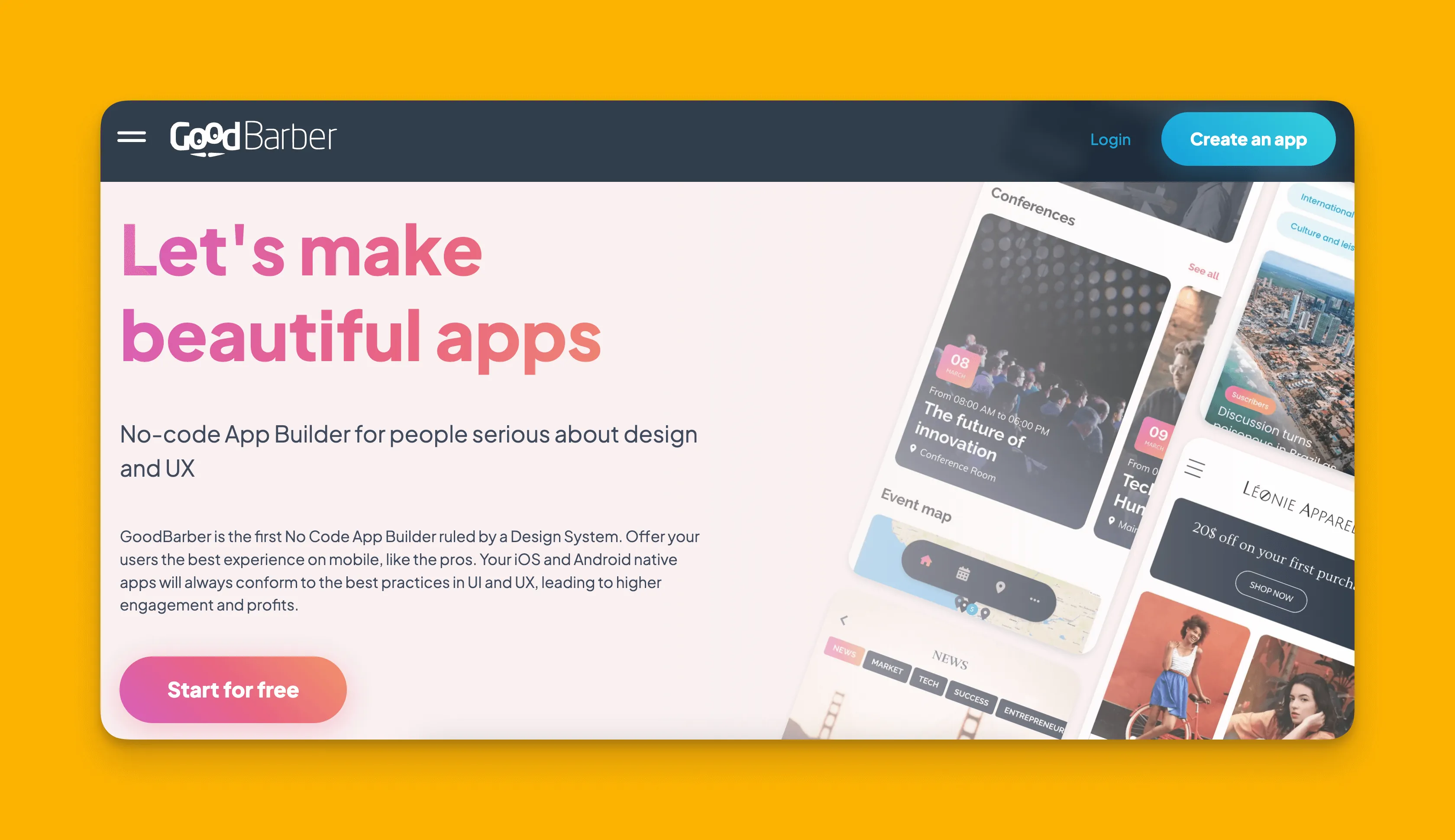 Interfaz del constructor de aplicaciones GoodBarber