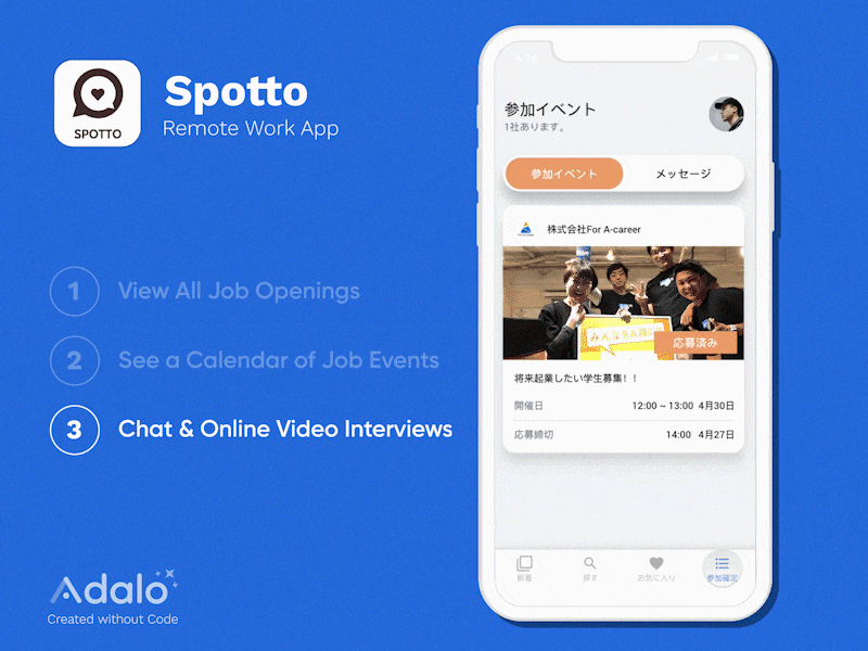 Demostración animada del chat en la aplicación Spotto para programar entrevistas de video