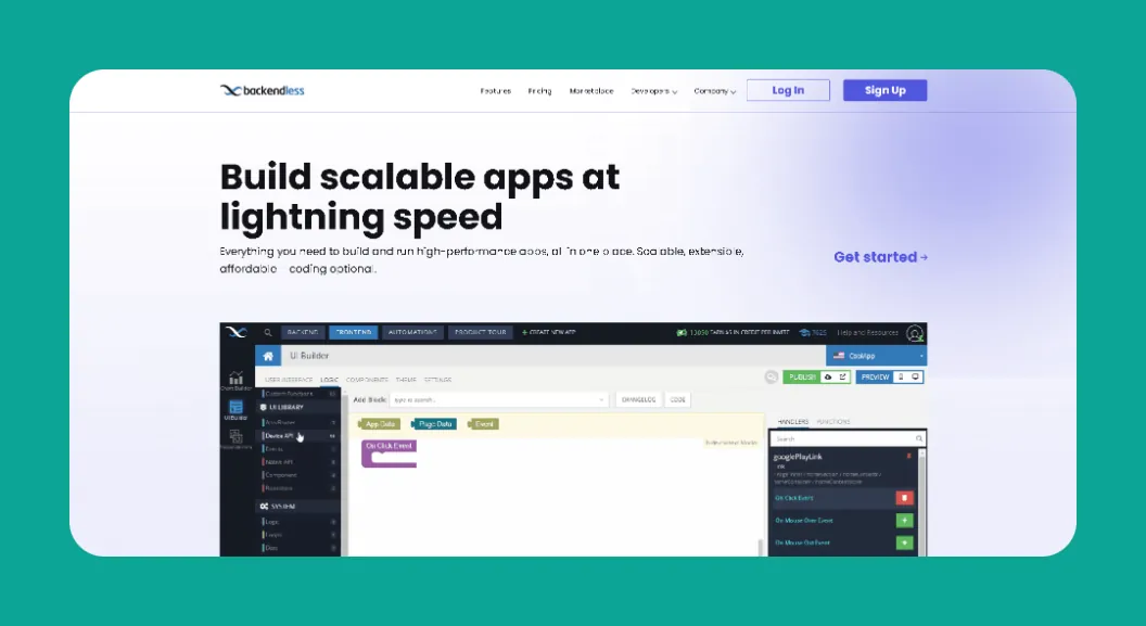 Interfaz de la plataforma Backendless