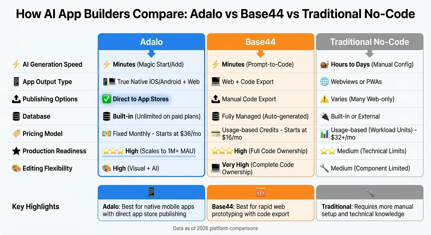 Comparación de creadores de aplicaciones con IA: Adalo vs Base44 vs plataformas sin código tradicionales