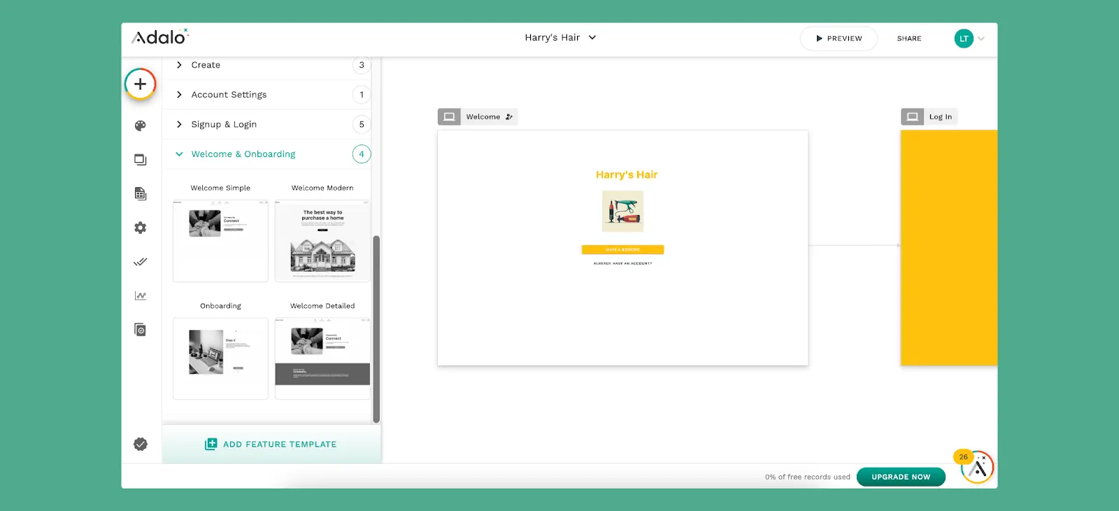 Interfaz del constructor de aplicaciones Adalo