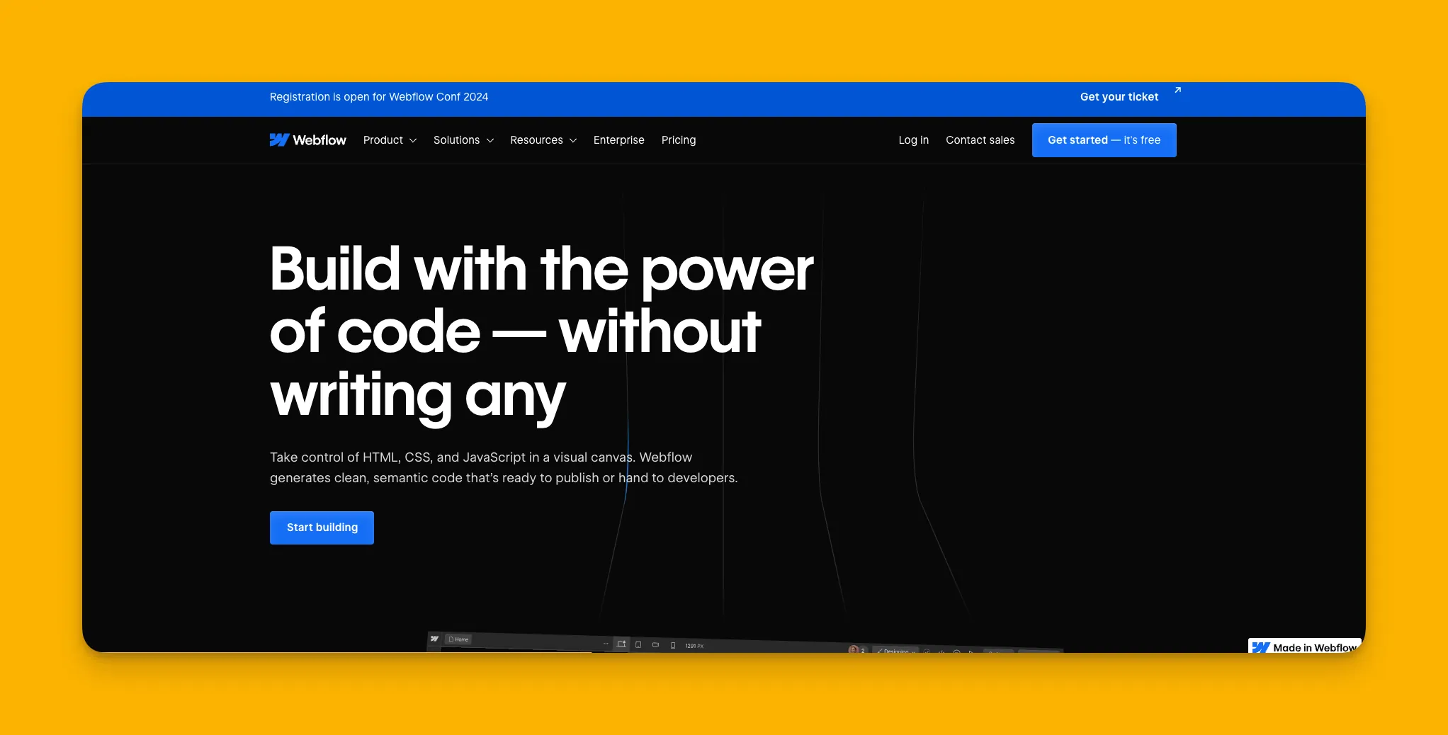 Interfaz del constructor de sitios web Webflow