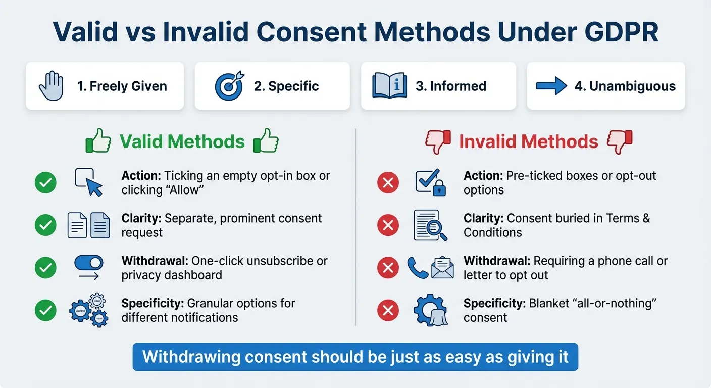 Méthodes de consentement pour les notifications push conformes au RGPD par rapport aux méthodes non conformes