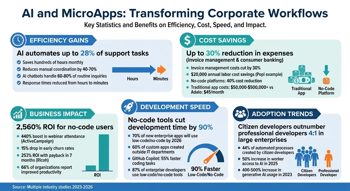 Impacto de la IA y MicroAplicaciones en Flujos de Trabajo Corporativos: Estadísticas Clave y ROI
