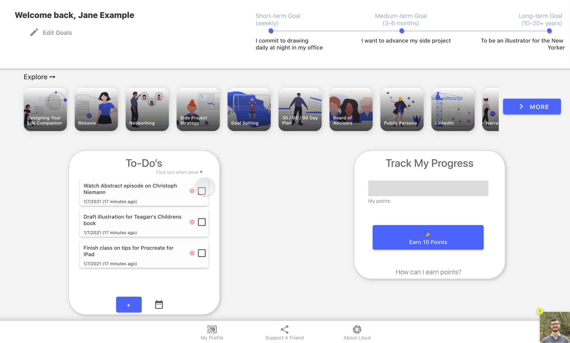 Page d'accueil de l'application Lloyd montrant les fonctionnalités de coaching de carrière construites avec Adalo