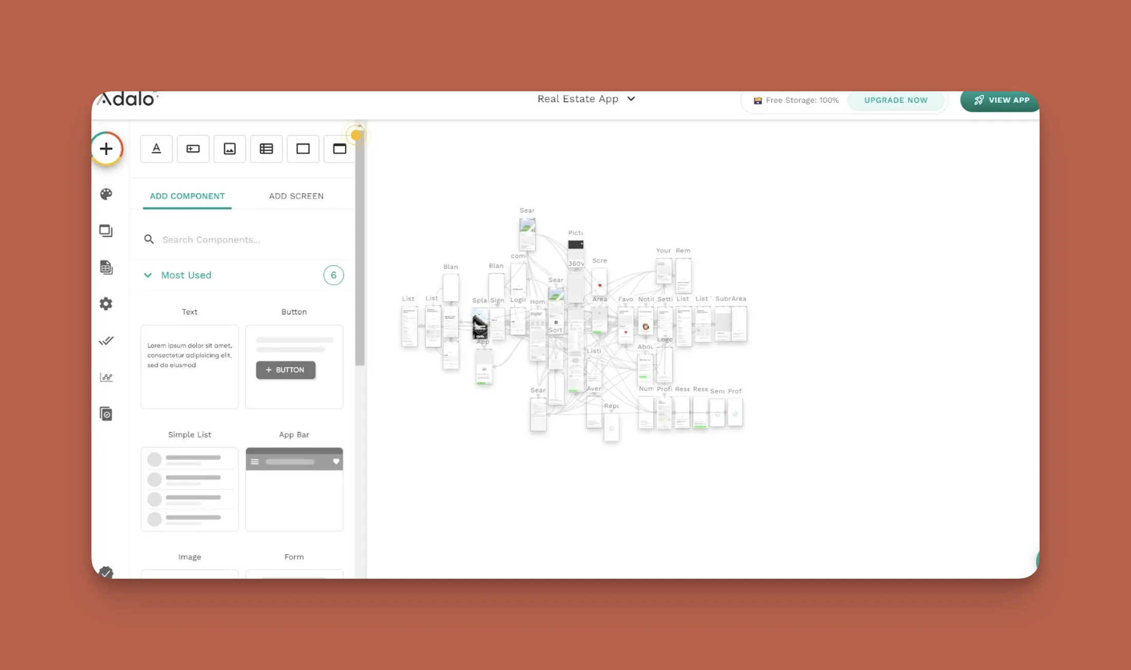 Interfaz de base de datos de Adalo mostrando colecciones y propiedades