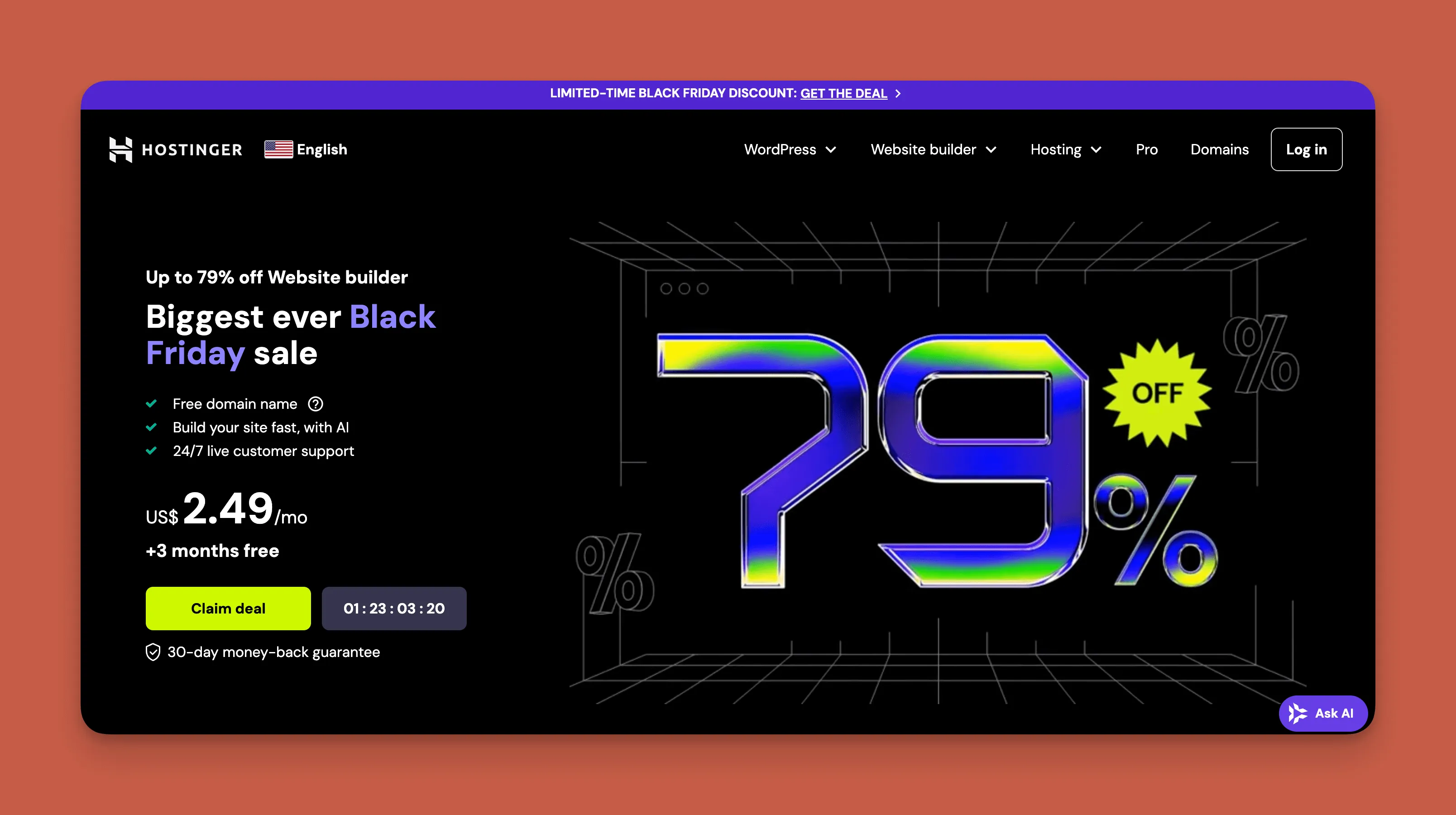 Interfaz del constructor de sitios web Hostinger
