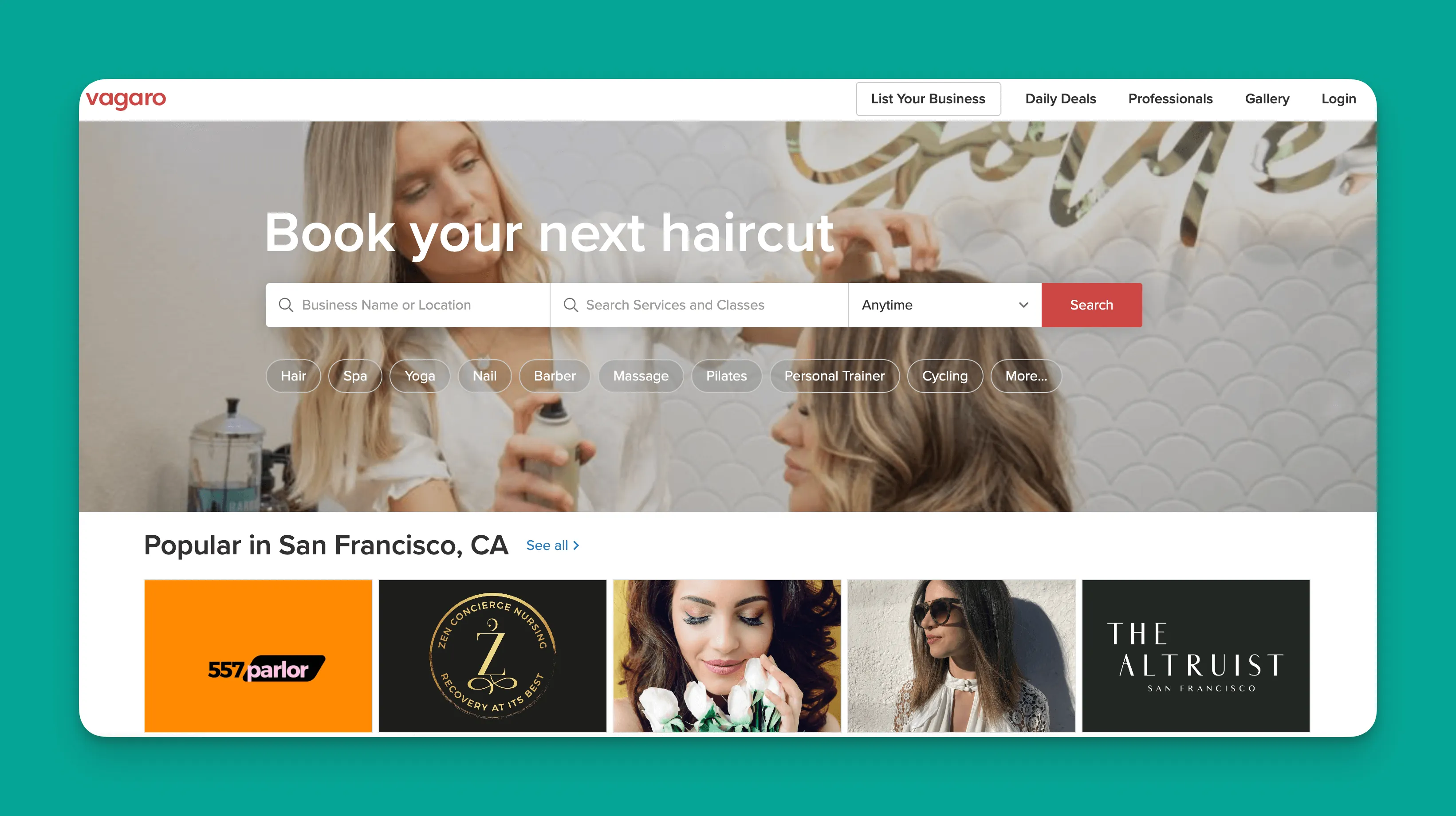 Interfaz de plataforma de reserva Vagaro