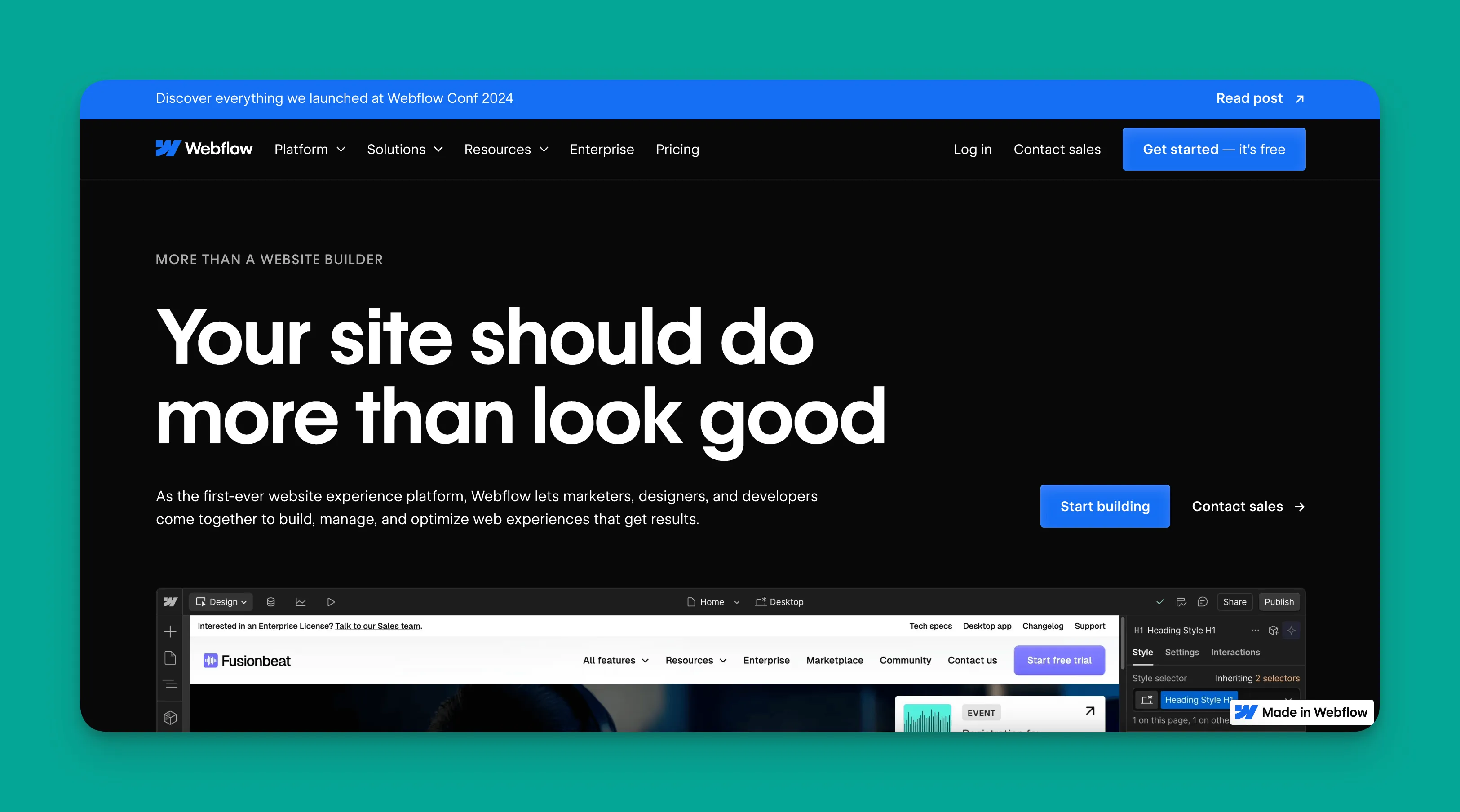 Interfaz del constructor de sitios web Webflow