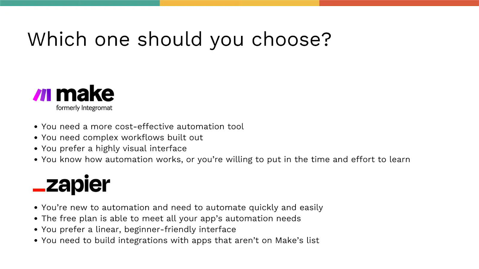 Guía de decisión para Make vs Zapier