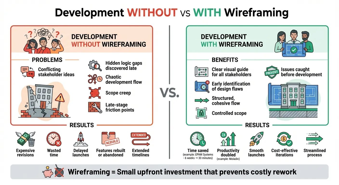 Desarrollo con vs sin wireframing: impacto en costo y tiempo
