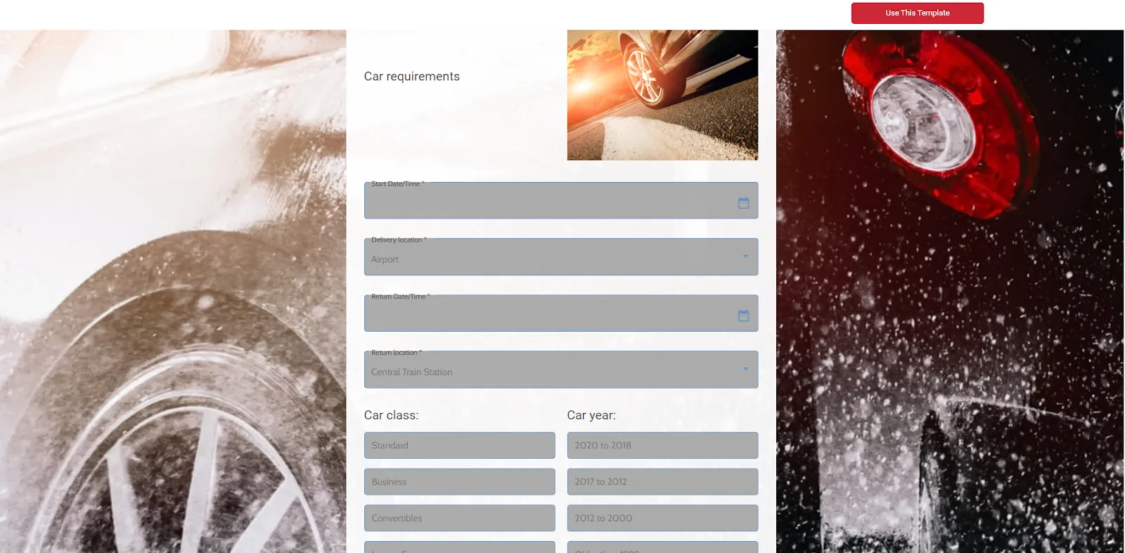 Plantilla de formulario de reserva de alquiler de automóviles