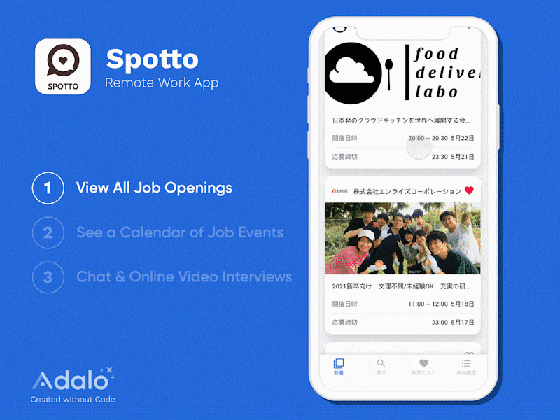 Tutorial animado de la aplicación Spotto mostrando ofertas de empleos para graduados