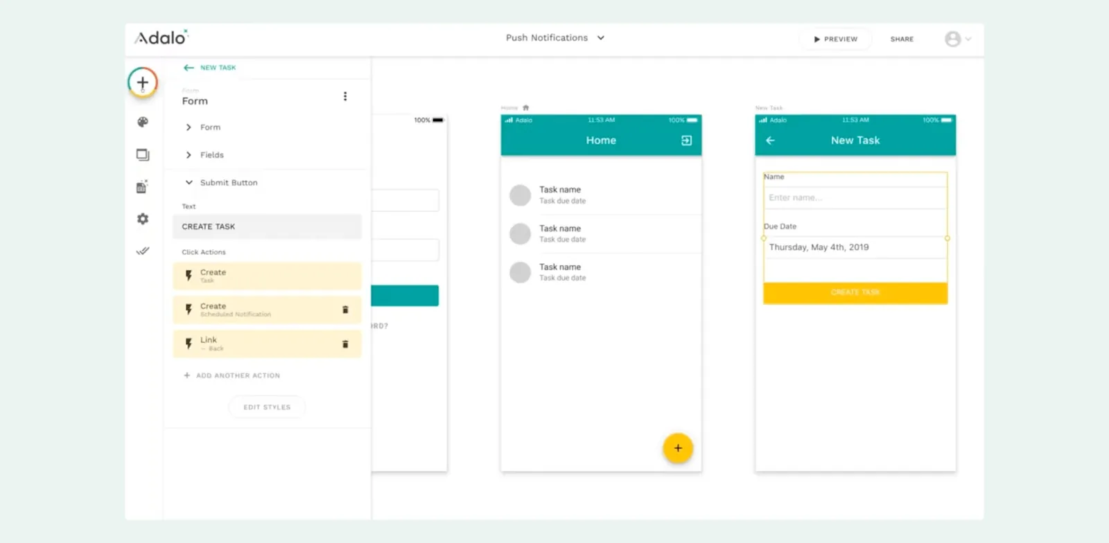 Interfaz del constructor de aplicaciones de reserva de Adalo