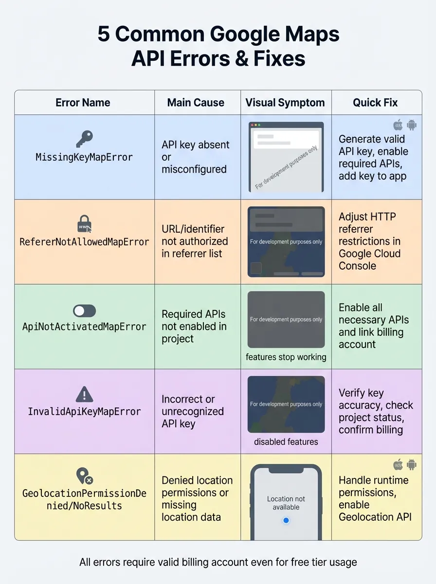 5 erreurs courantes de l'API Google Maps : causes, symptômes et solutions rapides