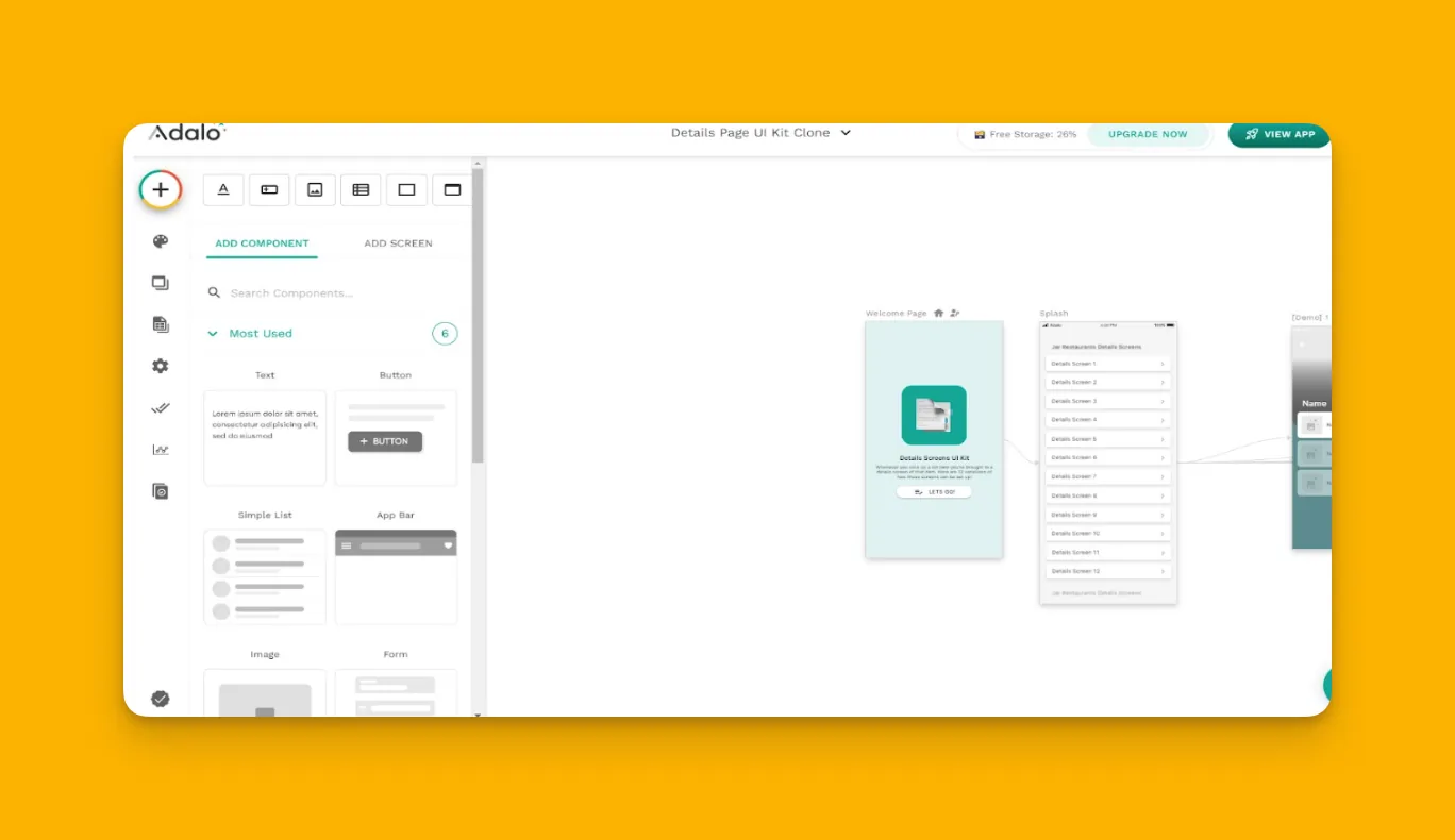 Interfaz del constructor de aplicaciones Adalo