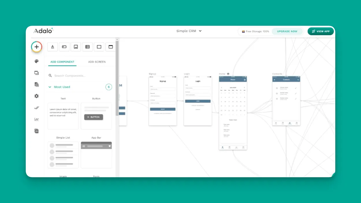 Interfaz de construcción de Adalo mostrando lienzo y herramientas de edición