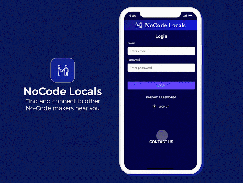 Demostración animada de la aplicación de reunión comunitaria NoCode Locals por Seth Fannin
