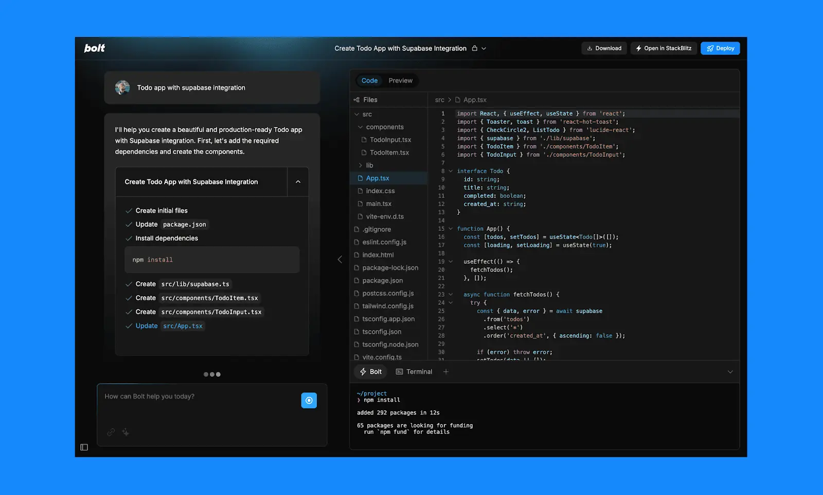 Interfaz del editor de Bolt